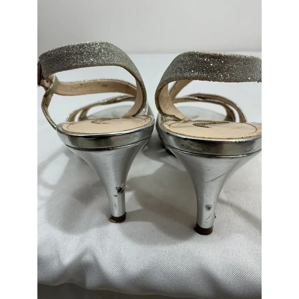 Womans Nina Size 6m Silver Sparkly Strappy Open Toe Dress Heel Shoes Slingback - Image 5