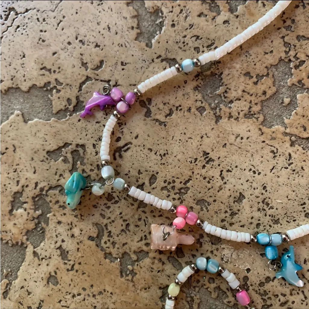 Vintage 90s Puka Shell Mother Pearl Fish Turtle Dolphin Necklace Bracelet Hawaii - Image 5
