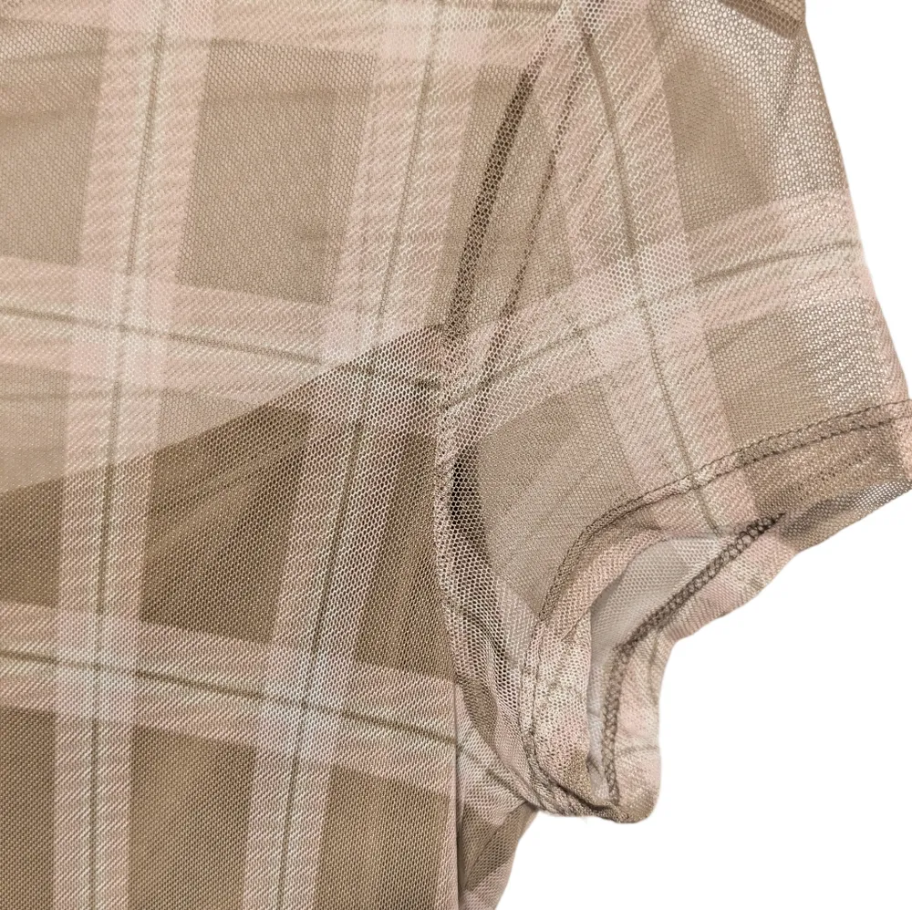 AUW Plaid Mesh Overlay Midi Dress Large Sheer Y2K Neutral Minimalist Chic Twee Pink - Image 11