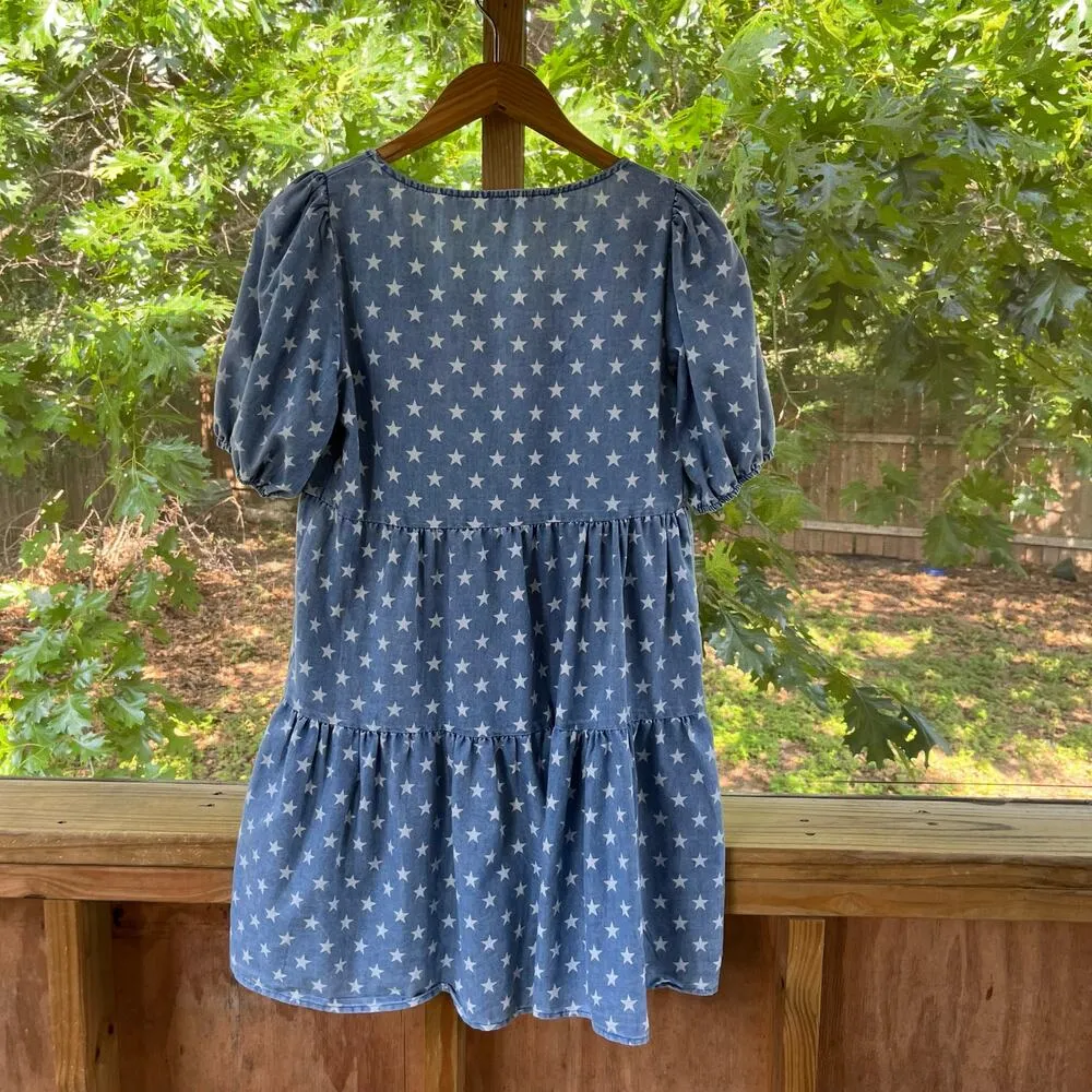 Storia Women's Blue And White Star Print Tiered Mini Dress Size M - Image 2