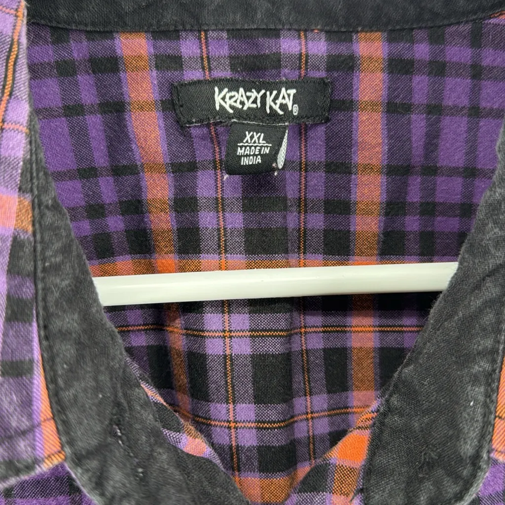 Krazy Kat Purple Orange Plaid Halloween embellished Button Down Shirt XXL bats - Image 11