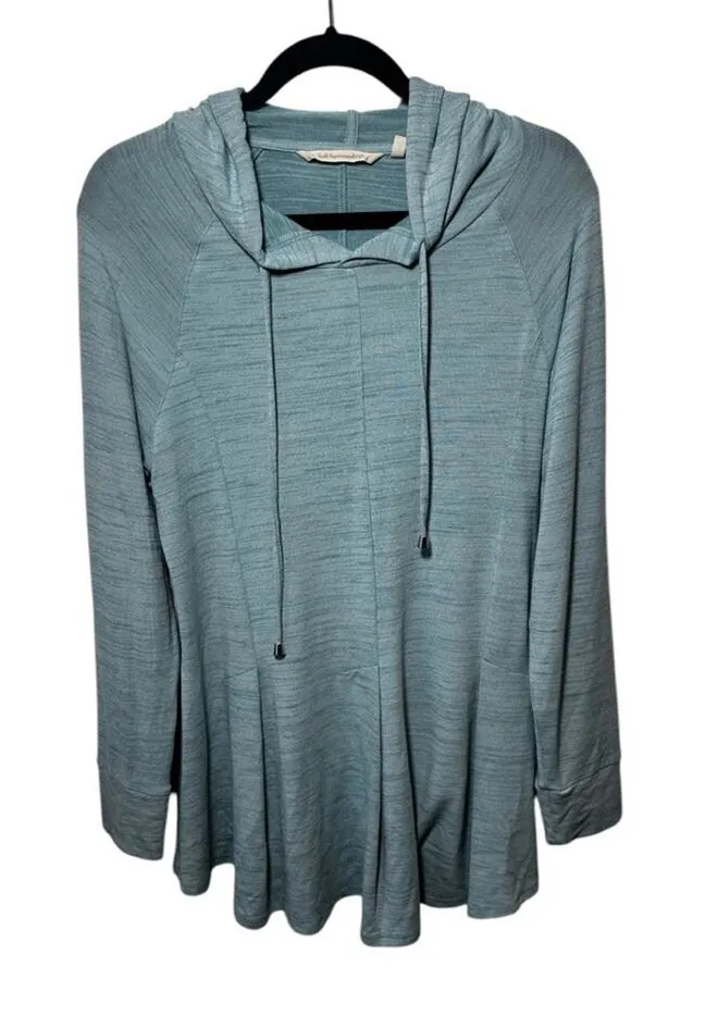 Soft Surroundings Aqua Heather Stretch Knit Riverland Tunic Hoodie Size Medium - Image 1