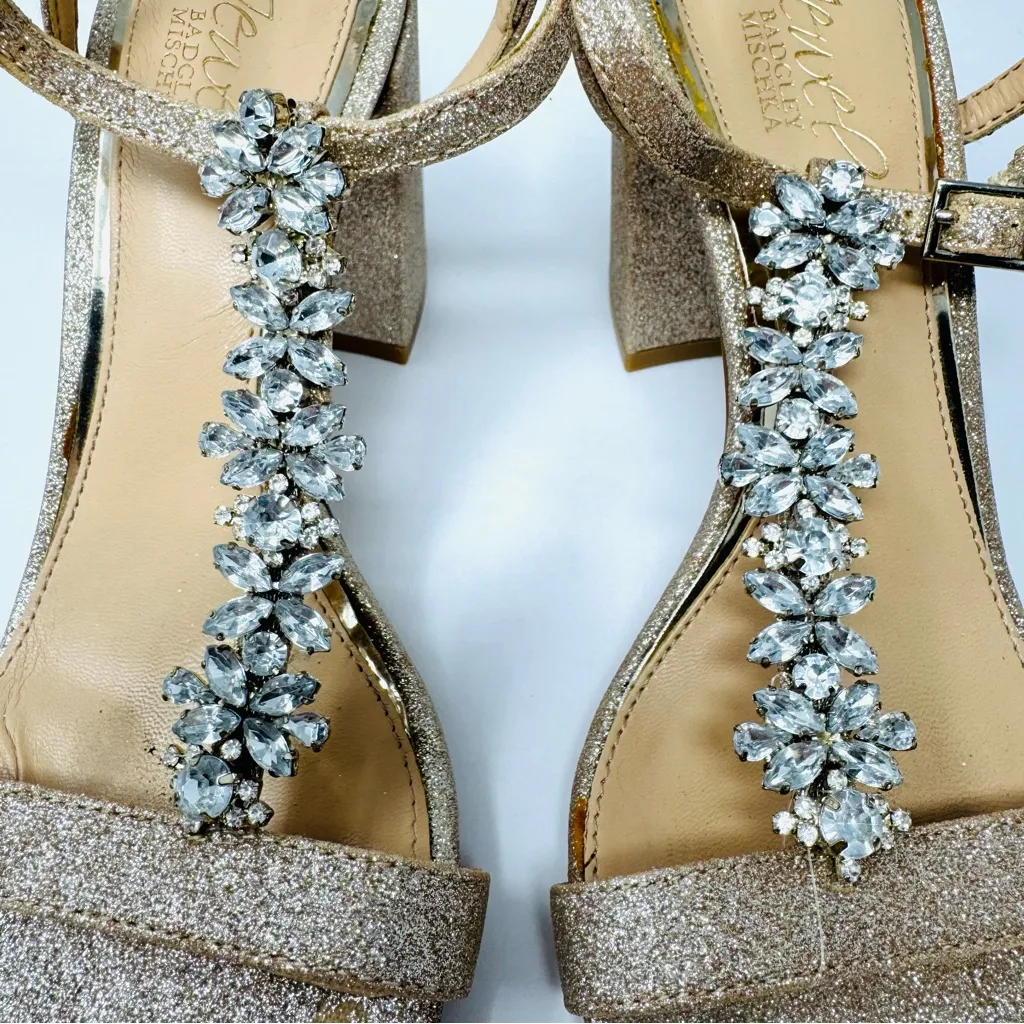 JEWEL BADGLEY MISCHKA gold glitter and CZ ankle wrap block sandals, size 6 - Image 6