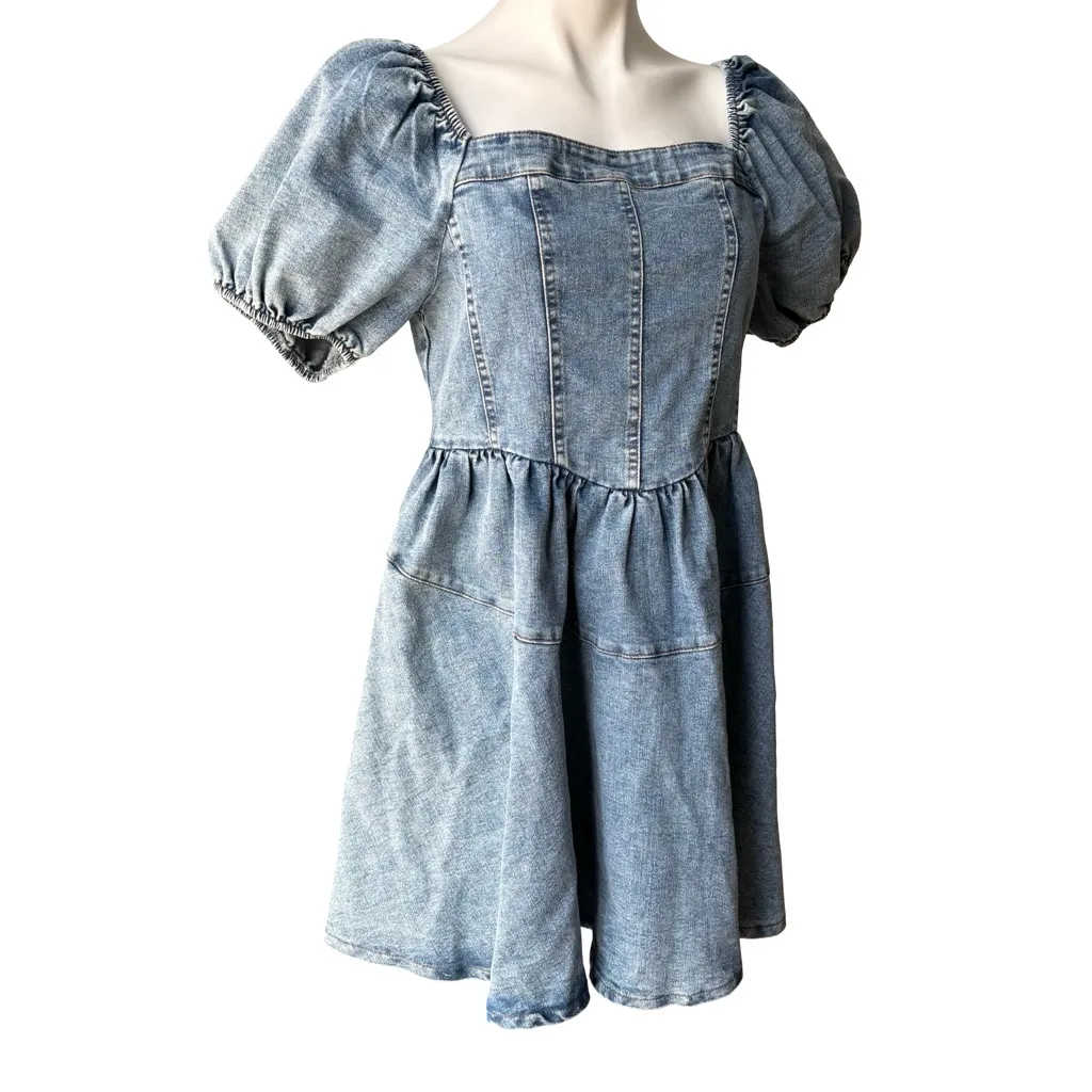 NWT, GeeGee Morgan Puff Sleeve Denim Mini Dress Smocked Babydoll, Sz Lg - Image 6
