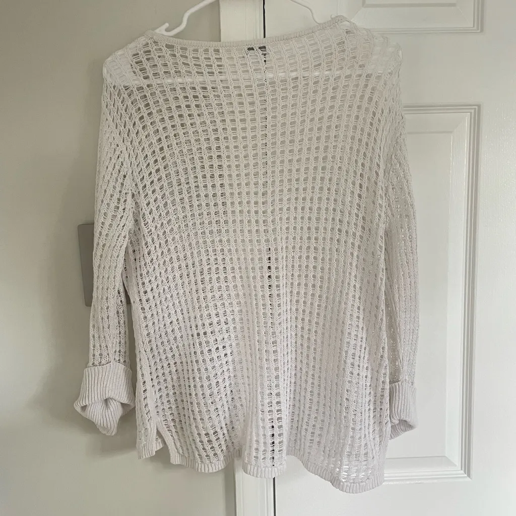 J. Jill Crochet Sweater Womens XS Linen Blend Beachy Coastal Boho Coquette Swim White - Image 6