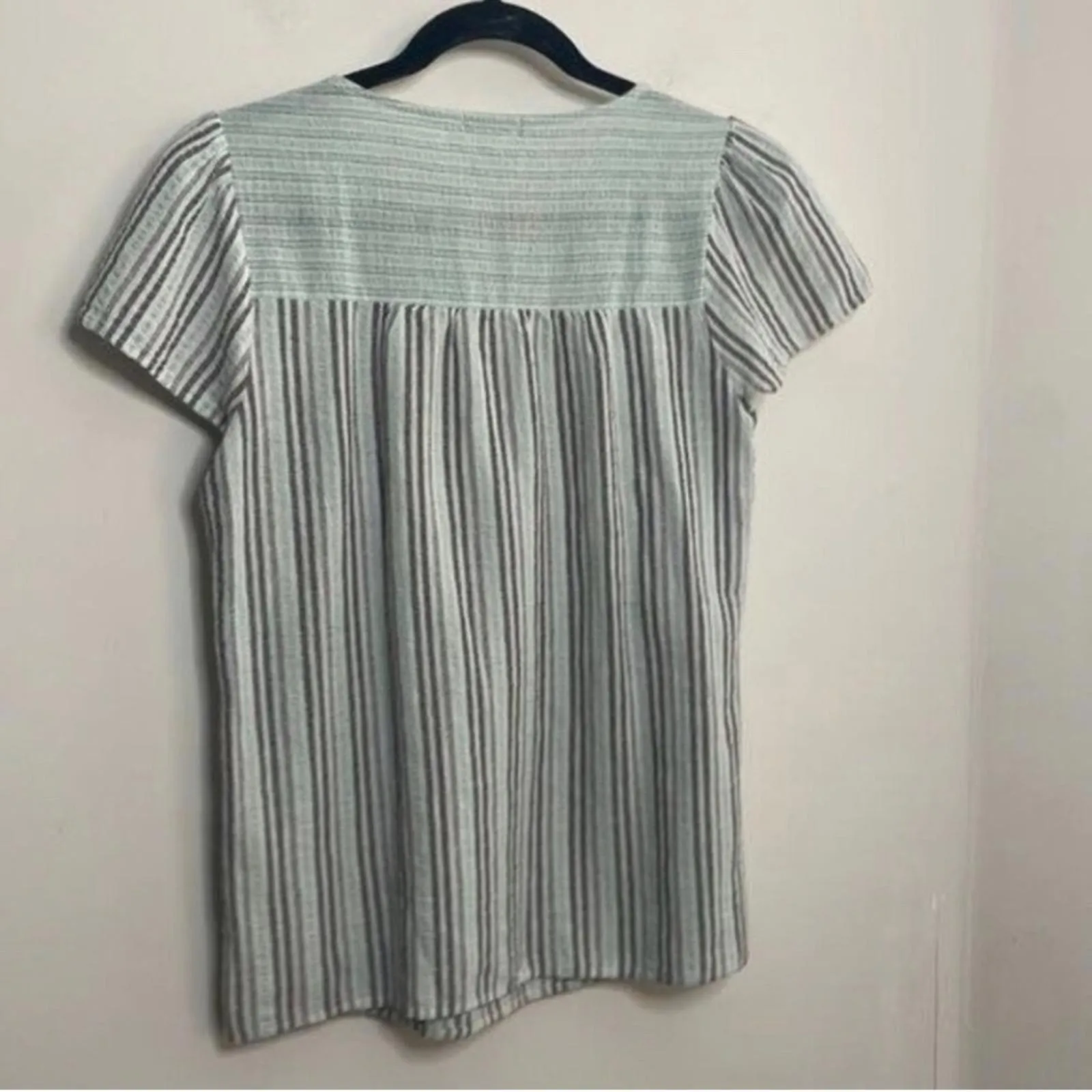 Ava James Mint and Grey Striped Cap Sleeve Babydoll Blouse Top Career Office Blue - Image 6