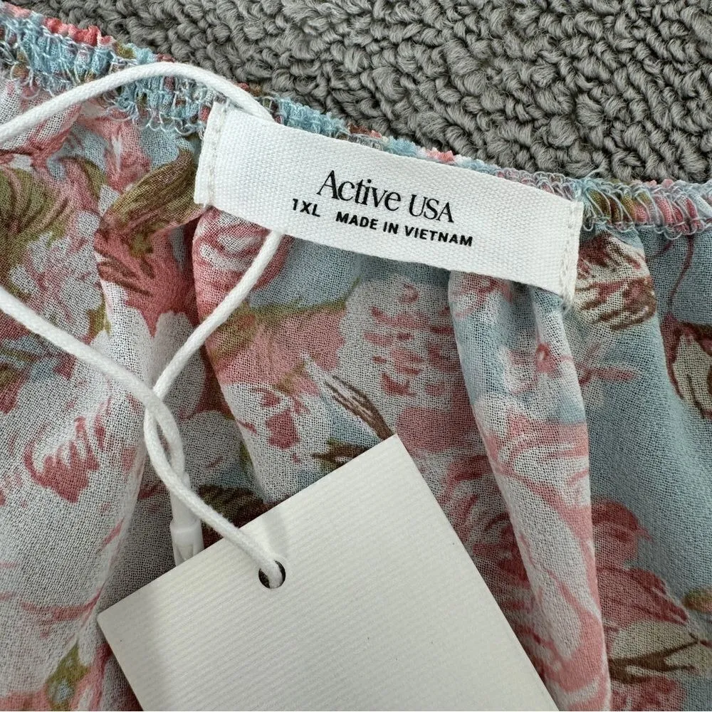 Active USA Sheer Floral Chiffon Tie Front Crop Blouse‎ Blue Pink 1XL Puff Sleeve - Image 11