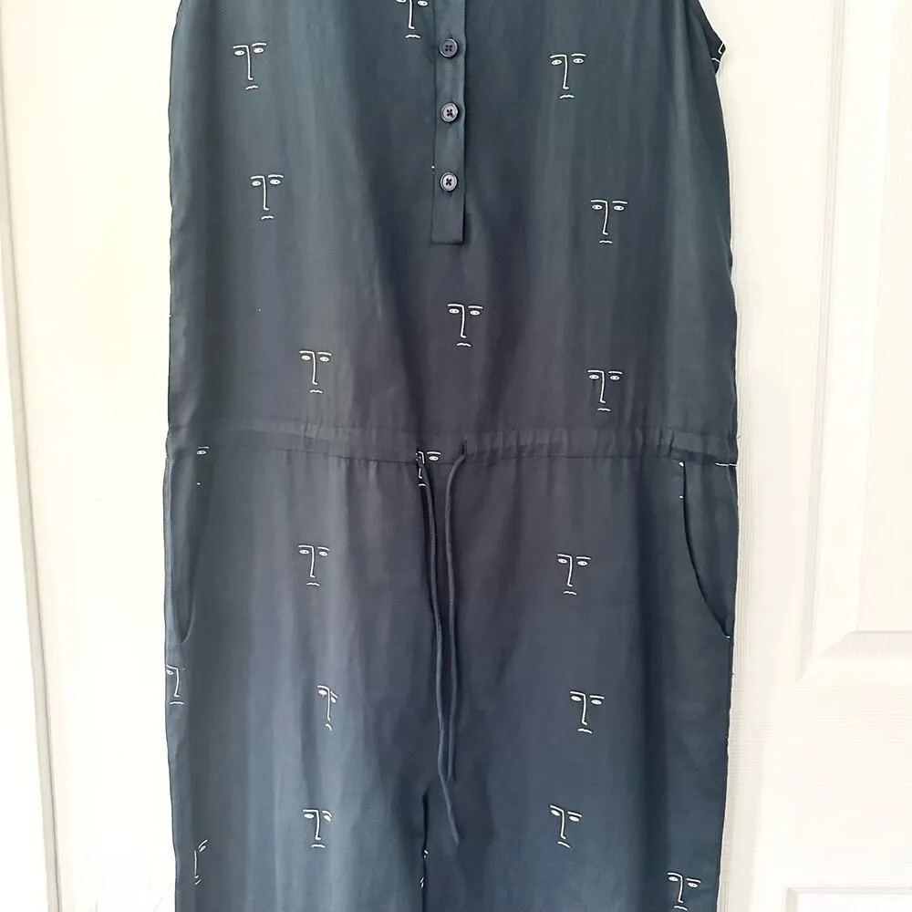 Thinking Mu Organic Cotton Faces Silhouette Sleeveless Relaxed Jumpsuit Medium Blue - Image 7