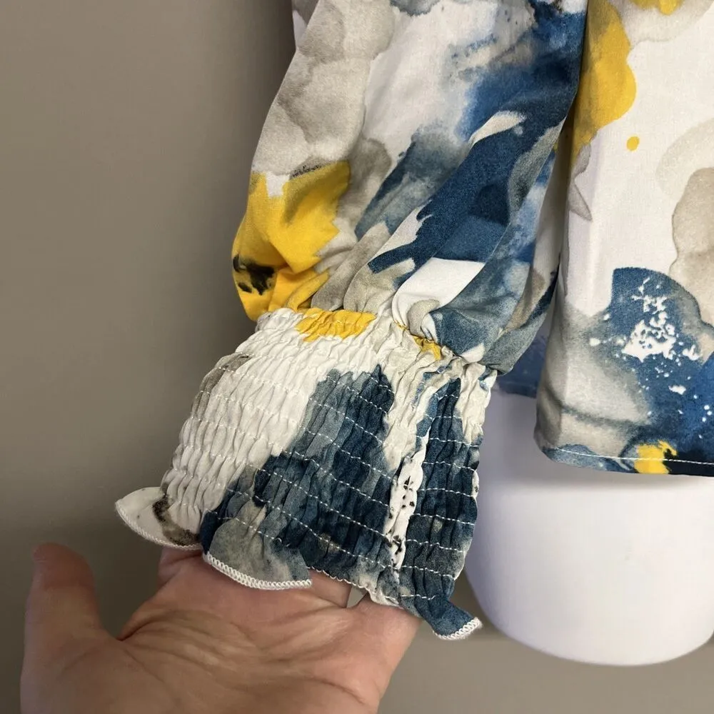 SHEIN Vibrant Floral Collared Button Down Blouse Elastic Wrist Puff Shoulder Lrg - Image 3