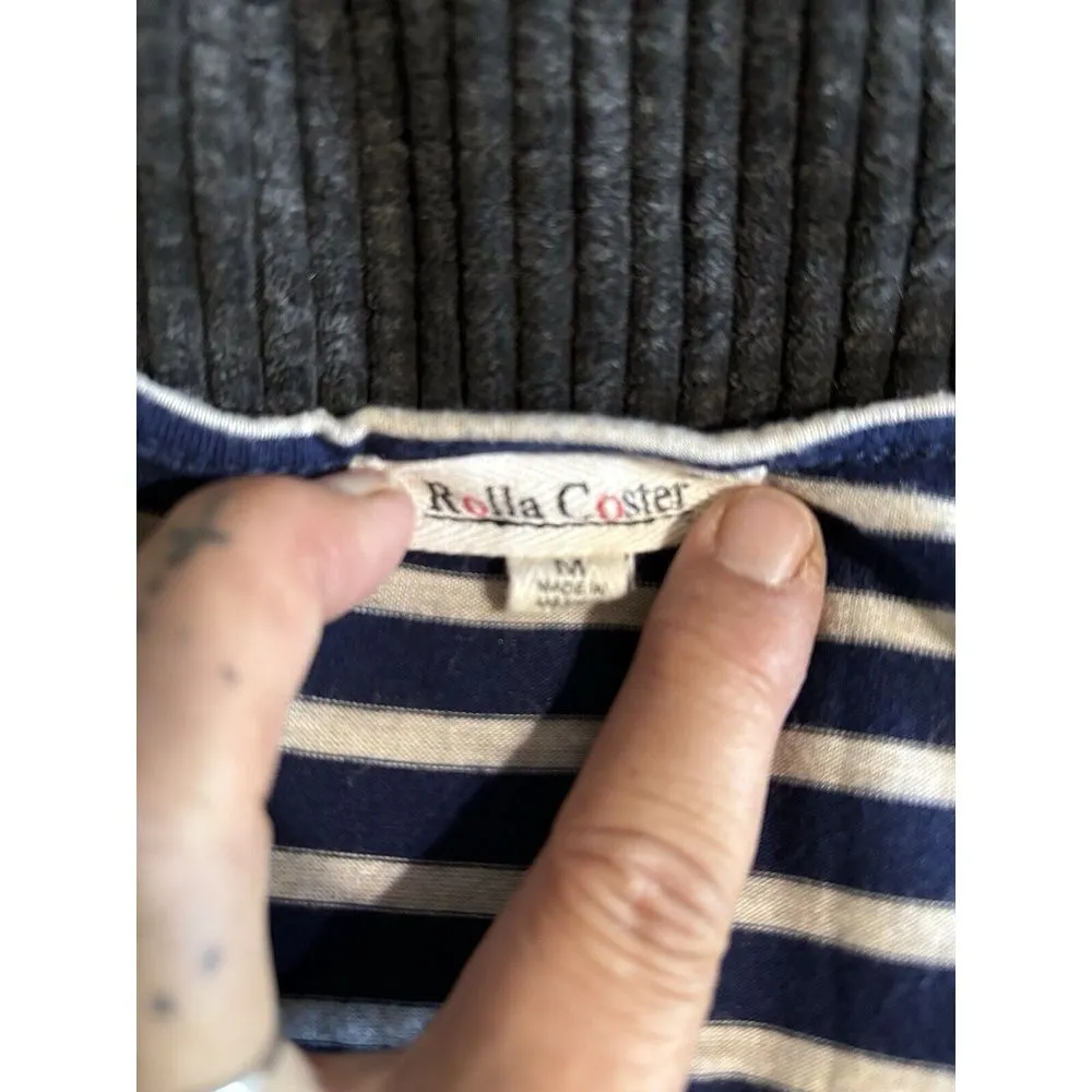 Roller‎ Coster Navy/Gray Striped Midi Dress Size M Short Sleeve Pockets - Image 4