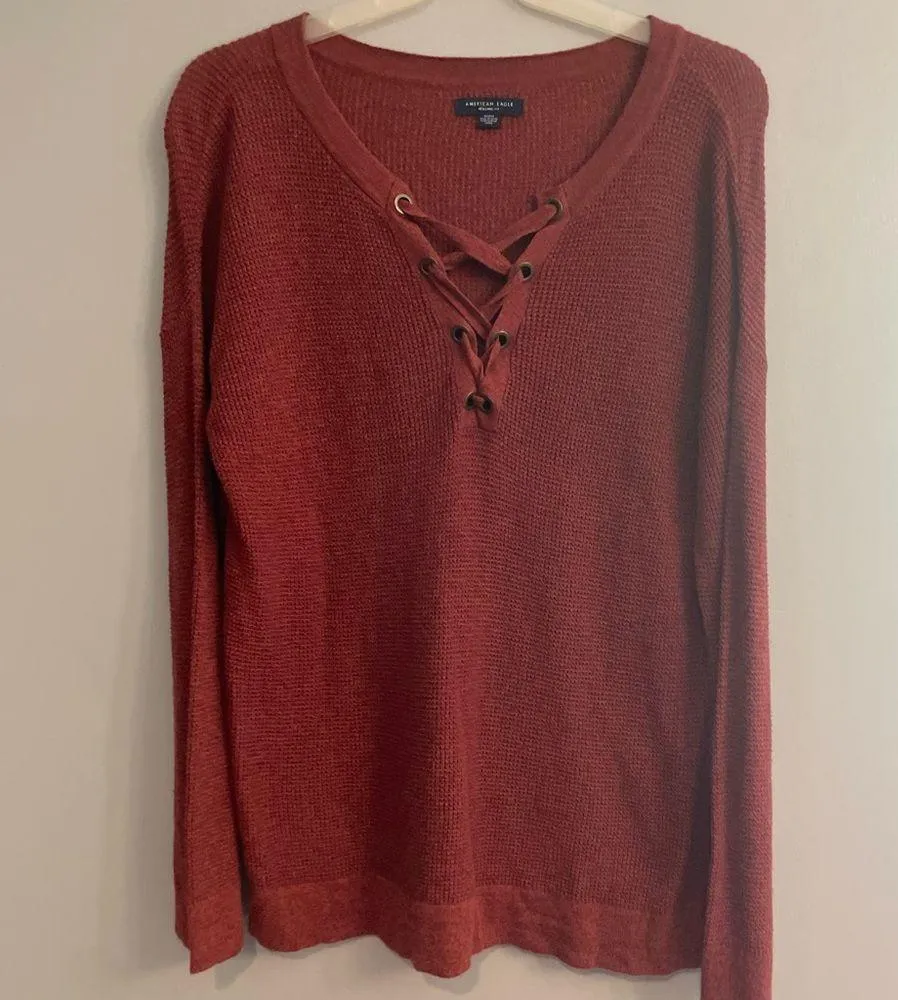 American Eagle Rust Lace-Up Knit Jegging Fit Comfy Women’s Sweater - Image 3