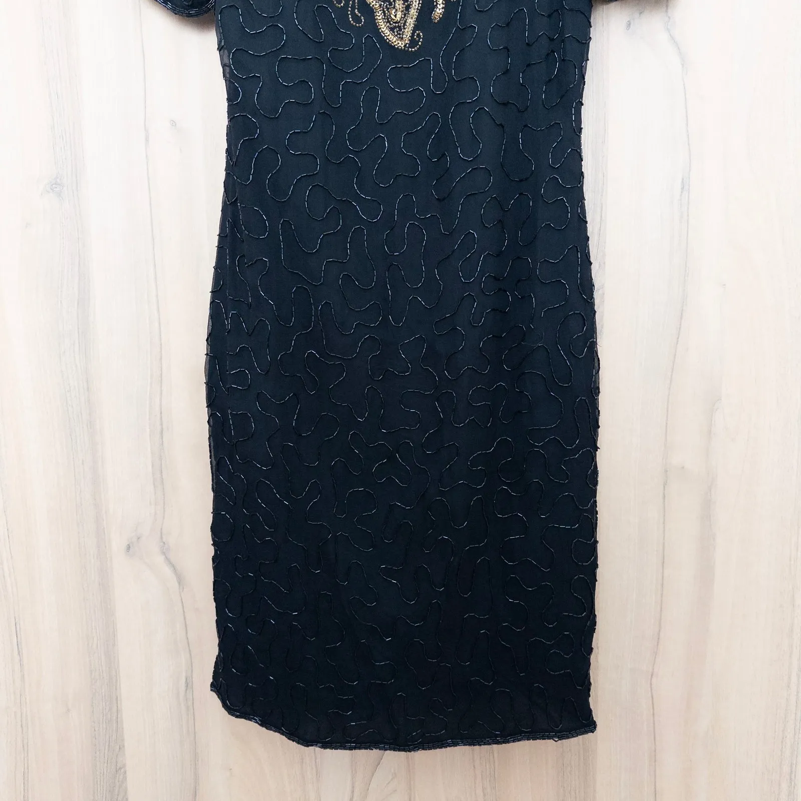 VTG Womens Silk Beaded Dress Sz M Black Art Deco Cocktail Glam Gatsby Formal Size M - Image 3