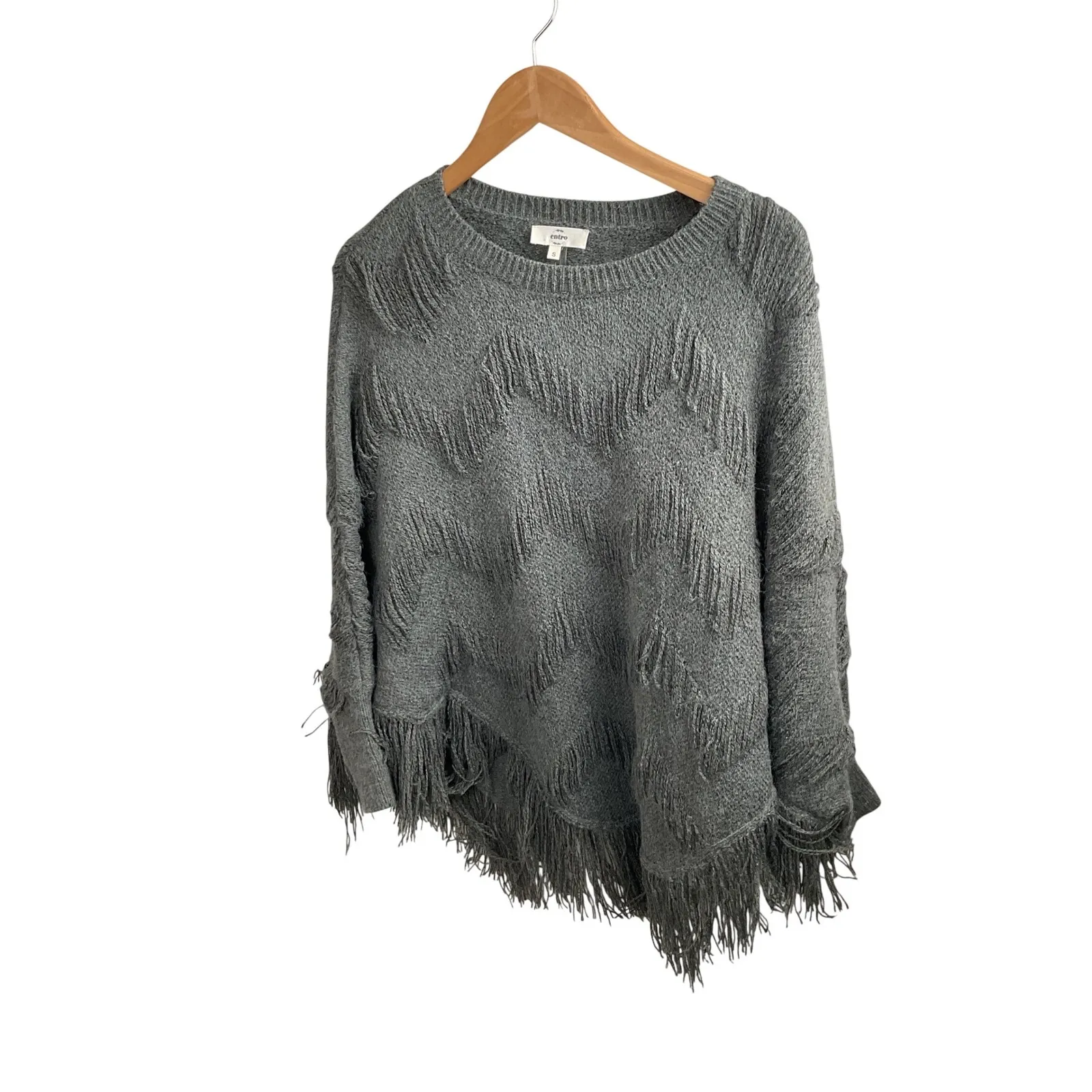Entro Gray Chevron Fringe Knit Poncho Sweater Pullover Size S - Image 6