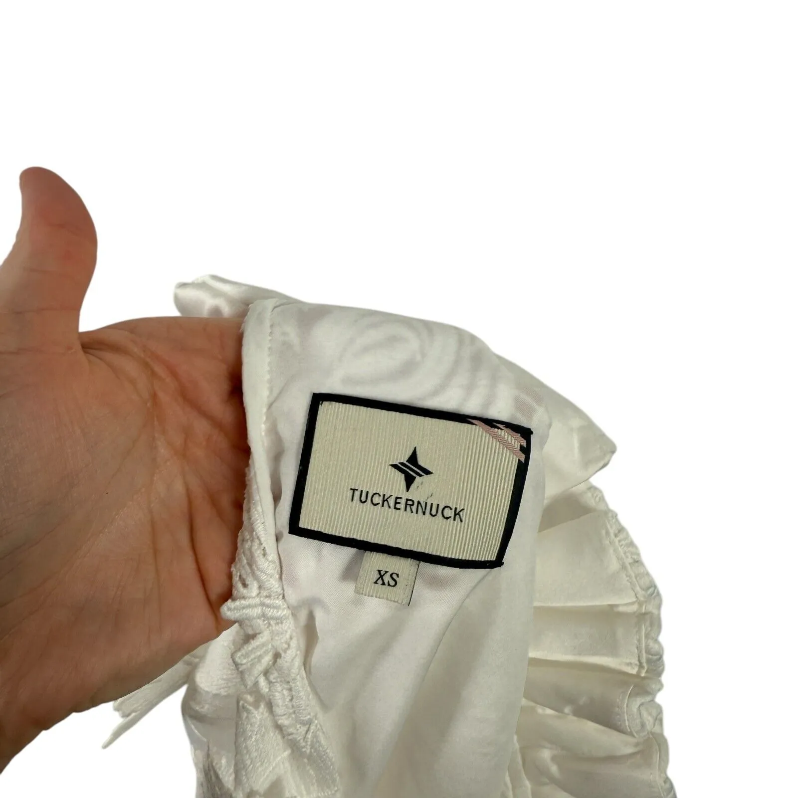 Tuckernuck White Guipure Lace Faye Blouse Ruffle Collar Bow Preppy Womens XS - Image 9