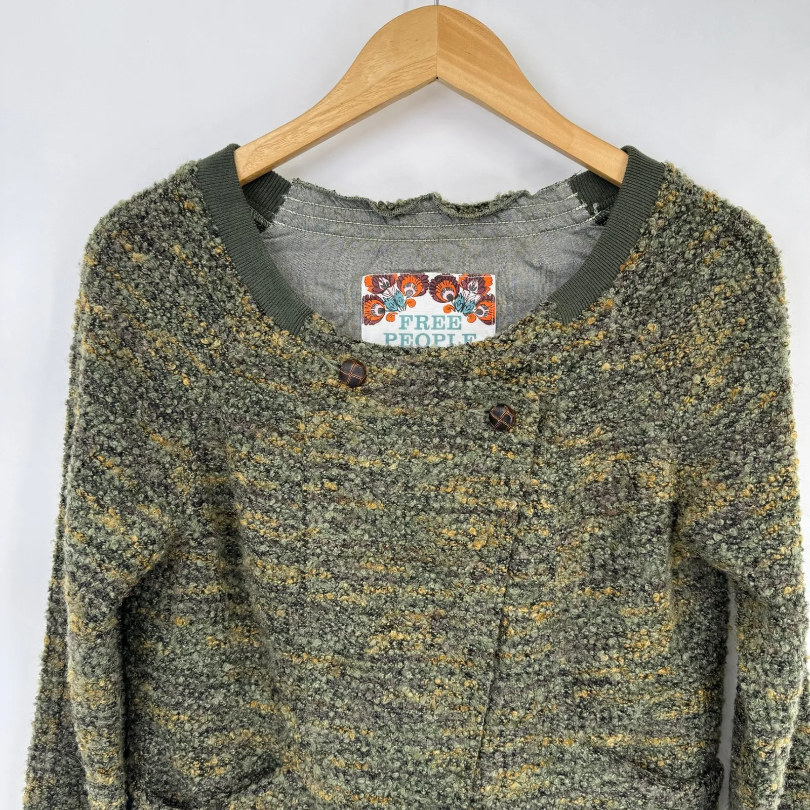 Free People Knit Cardigan Sweater Womens M Green Wool Blend Eclectic Grandpa - Image 2