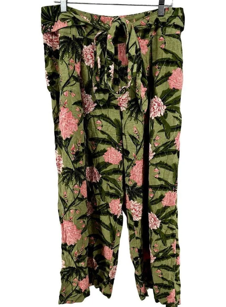 Agua Bendita X Target Wide Leg Pants Peony Floral Tie Waist Linen Green Pink XXL - Image 2