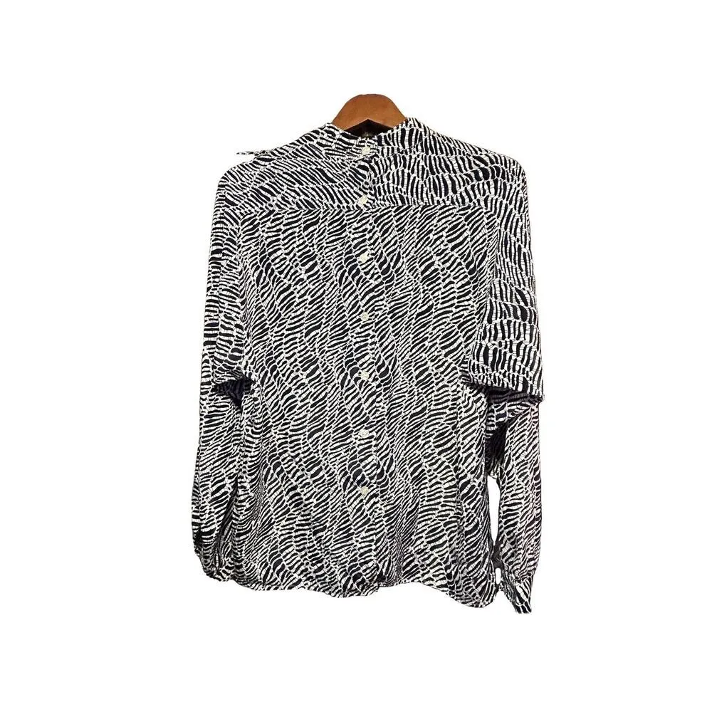 Vintage Ann Stevens NY Abstract Print Long Sleeve Blouse Black Size L - Image 2