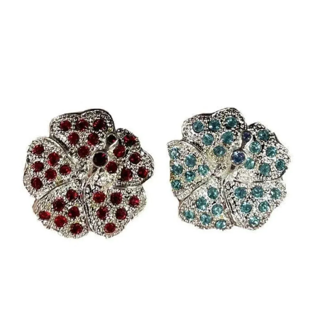 Set Of 4 Small Flower Floral Rhinestone Pins Brooch Blue‎ Red Pink Silver Tone Blue - Image 4