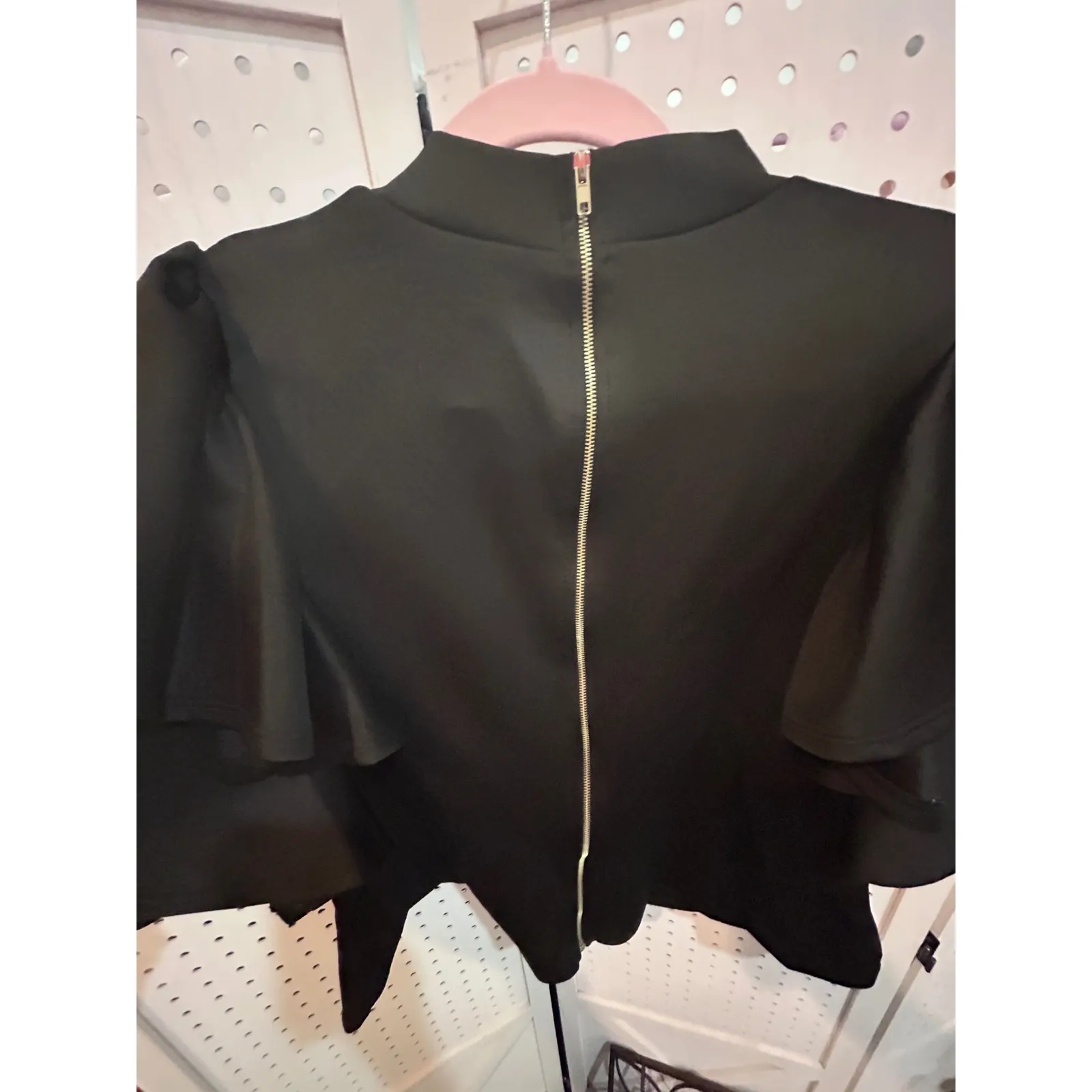 Black‎ Mock Neck Ruffle Sleeve Keyhole Zipper Back Peplum Top - Image 5
