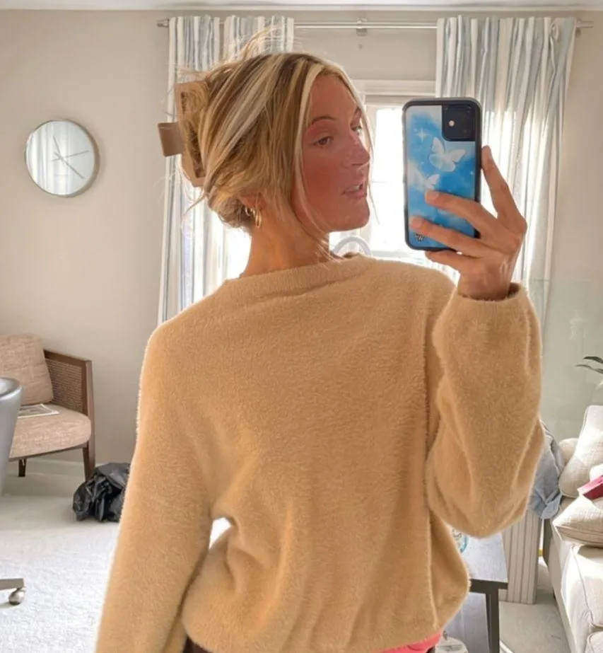 Cozy and Cutest Tan Fuzzy Princess Polly Sweater - Image 2