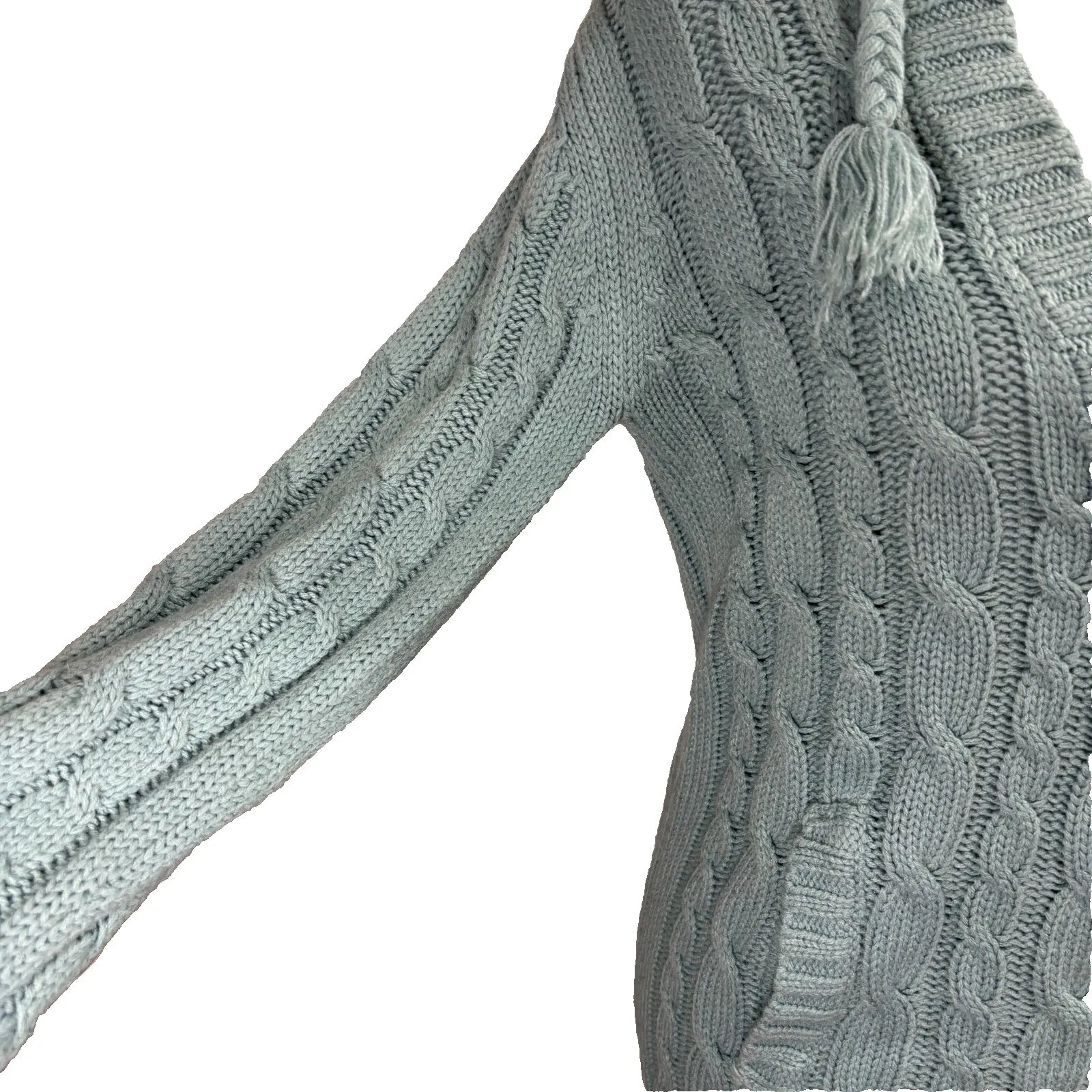 Women's Cable Knit Sweater Seafoam Blue Hooded Tassels Pocket Y2K Cottage Sz L - Image 4