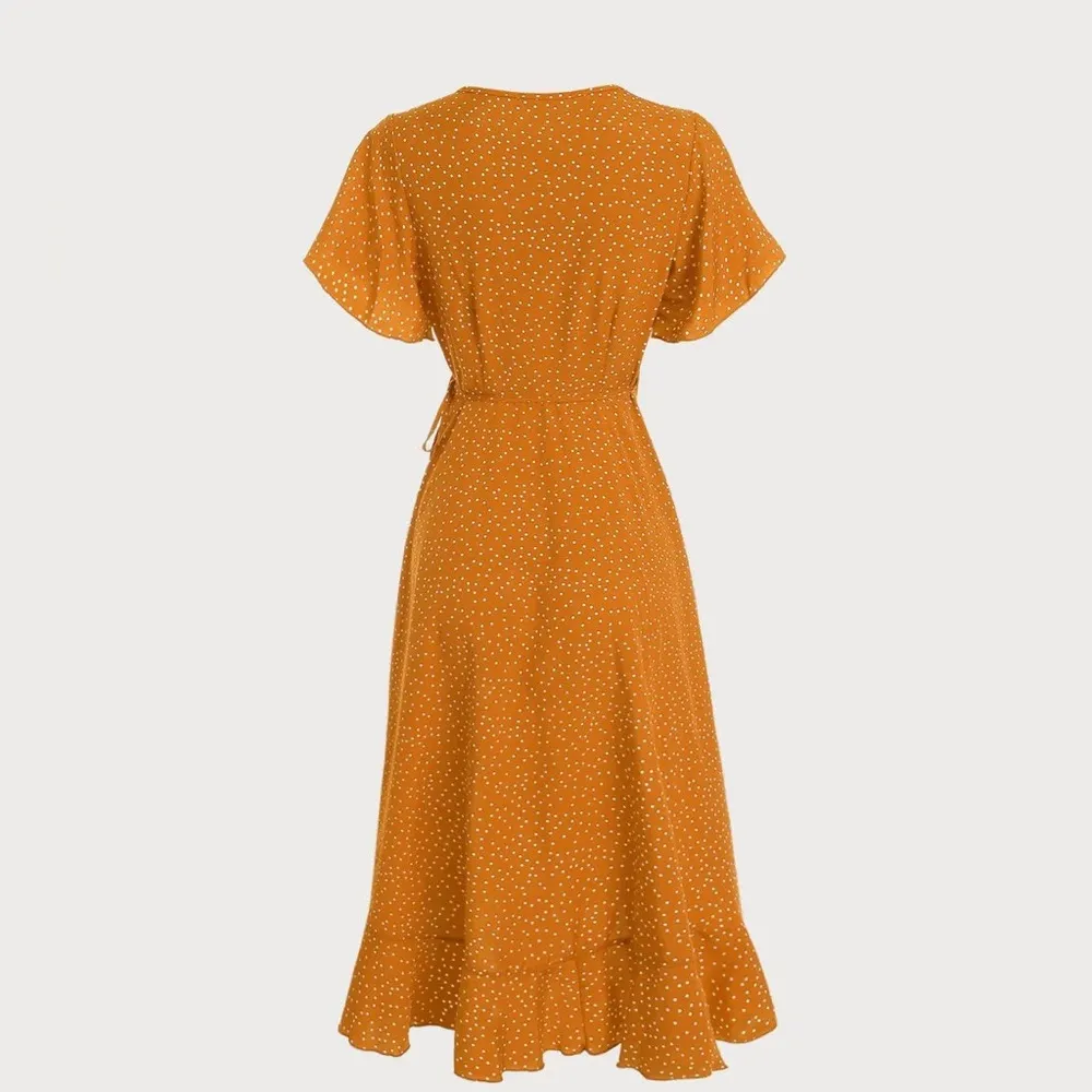 Rihoas Yellow Polka Dot Ruffle Wrap Dress Size M - Image 3