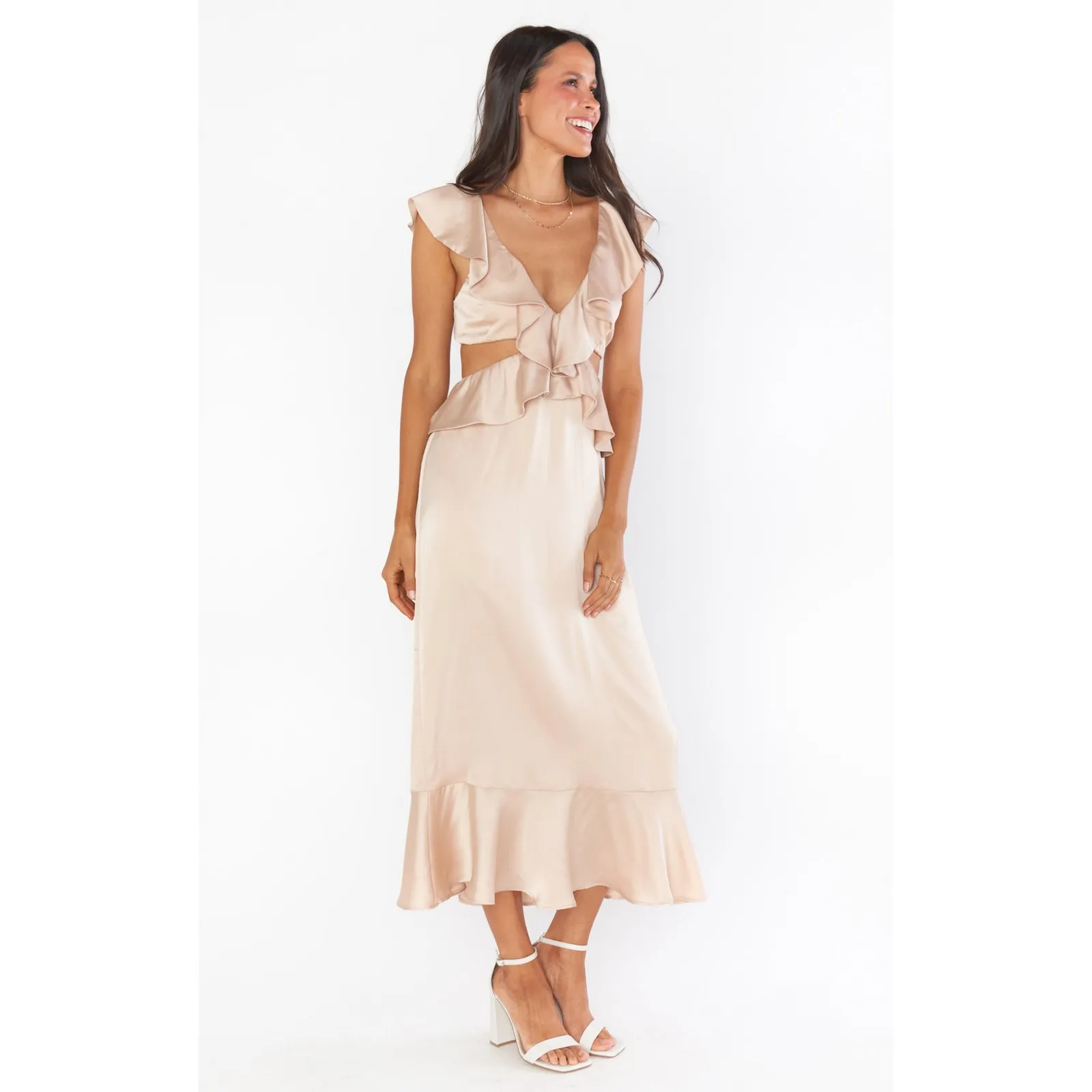 Show Me Your Mumu Zoey Midi Dress in Champagne Luxe Satin XS NWT - Image 5