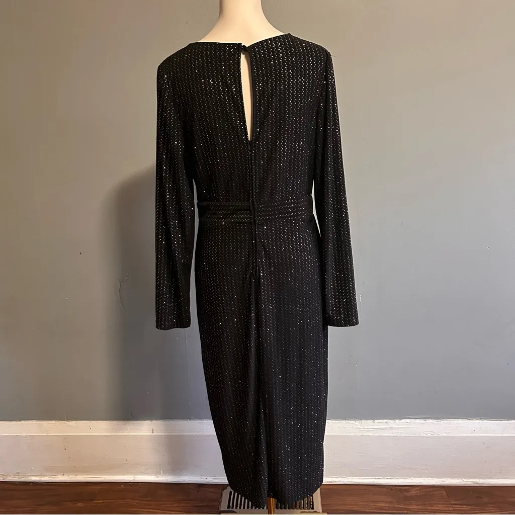 Premier Amour Black Sequin V Cut Long Sleeve Slit Midi Cocktail Dress | Size: 14 - Image 4