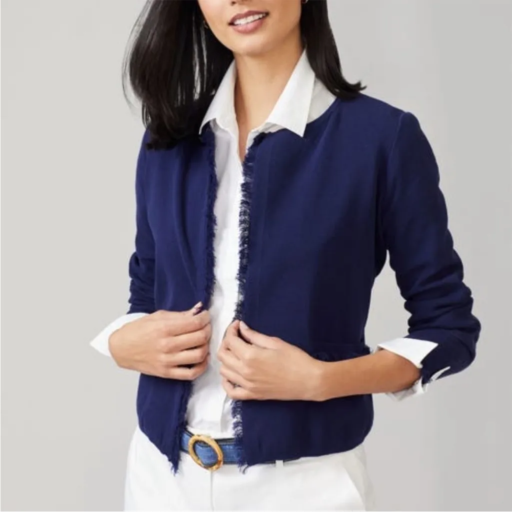 J. McLaughlin Marie Navy Blue Fringe Open Front Cardigan Sweater Pockets XL - Image 2