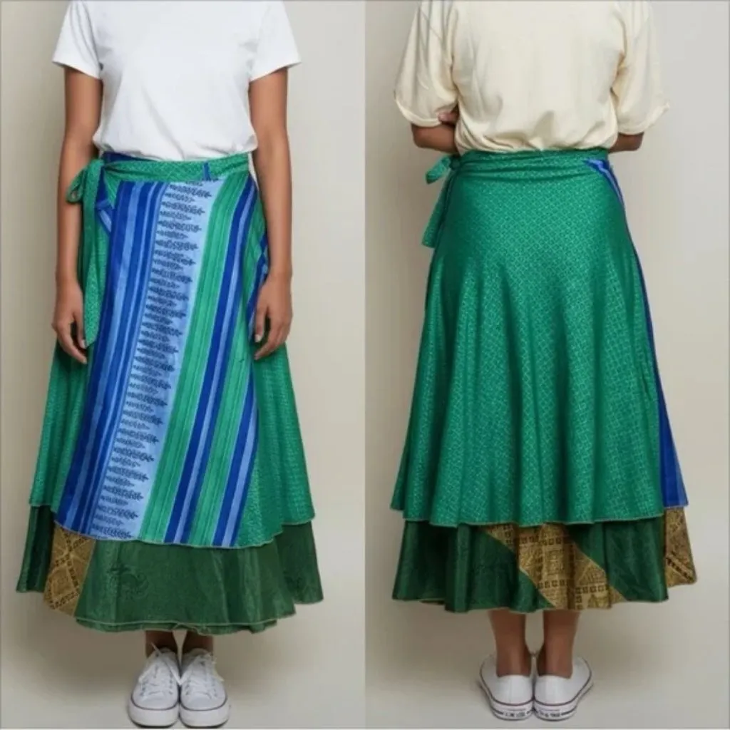 Hand Crafted India Mexicali Reversible Silk Sari Yellow Blue Pattern Wrap Skirt Size L - Image 7
