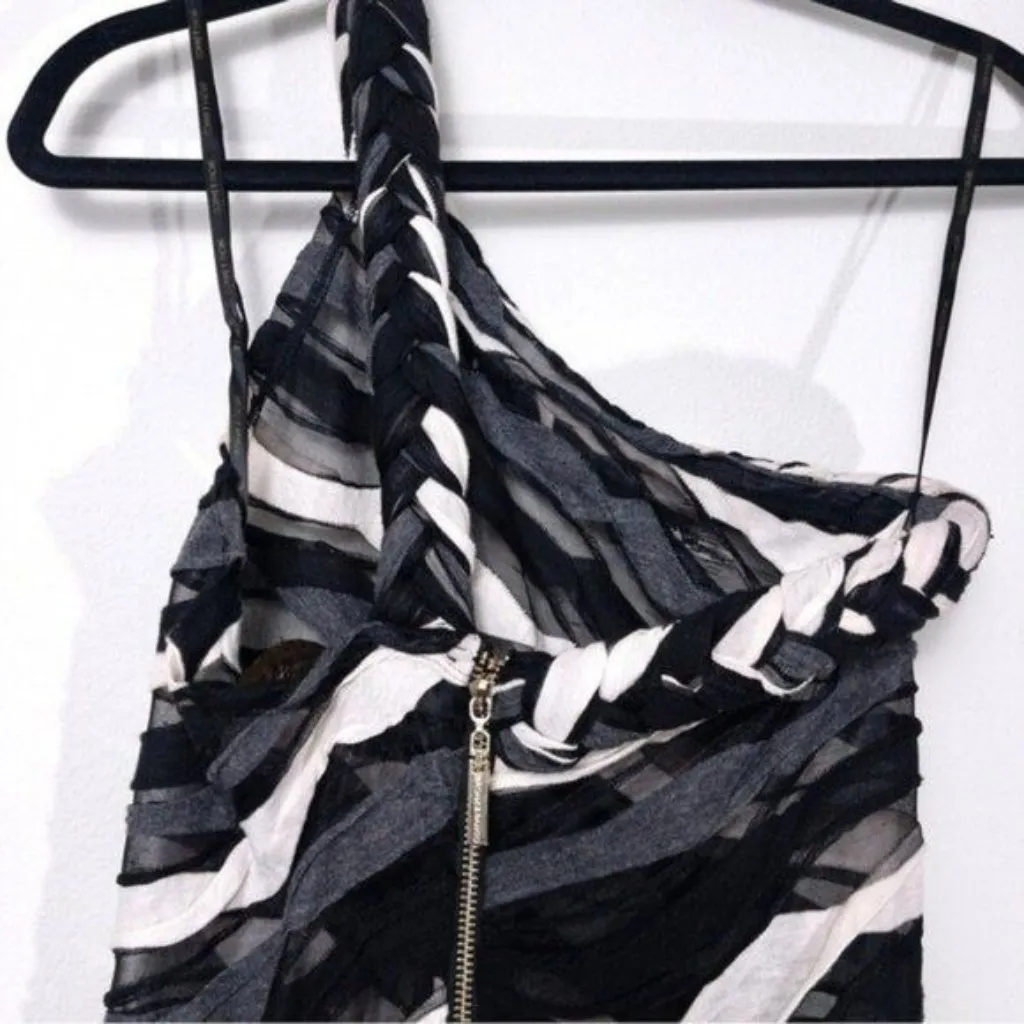 Bronx and Banco x REVOLVE Itza One Shoulder Dress S Black Striped Sheer Braided - Image 12