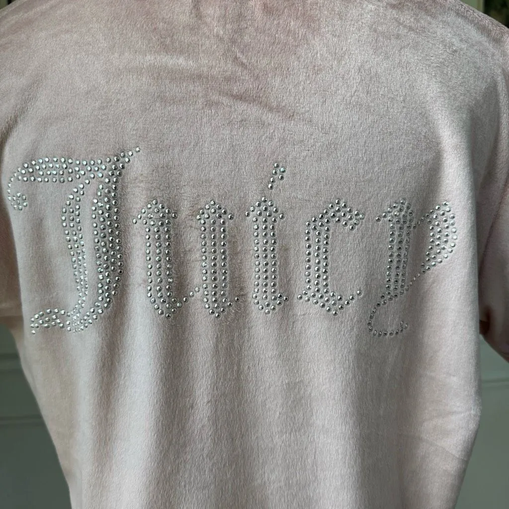 Juicy Couture Silky Soft Pink Velour Silver Bling Stud Cropped Button Up M - Image 10