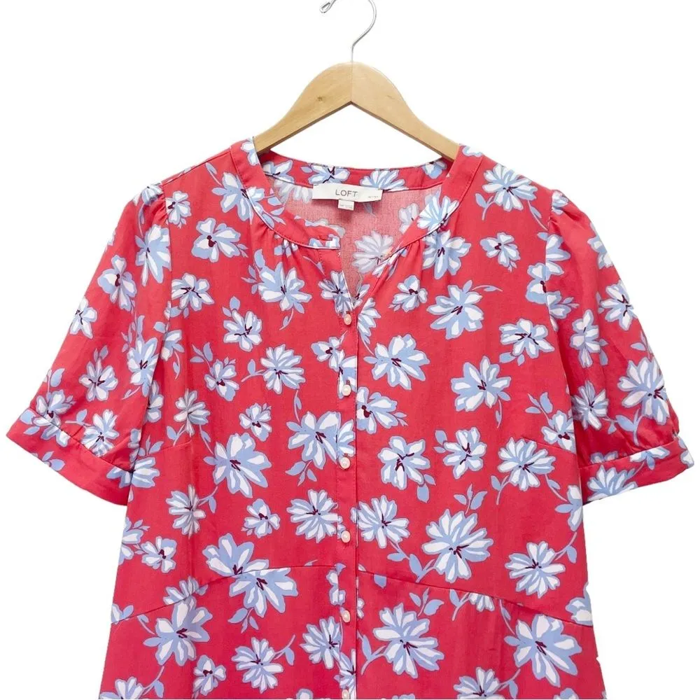 LOFT Floral Flare Retro Shirt Dress Coral Red Blue White Size 14P | 14 Petite - Image 5