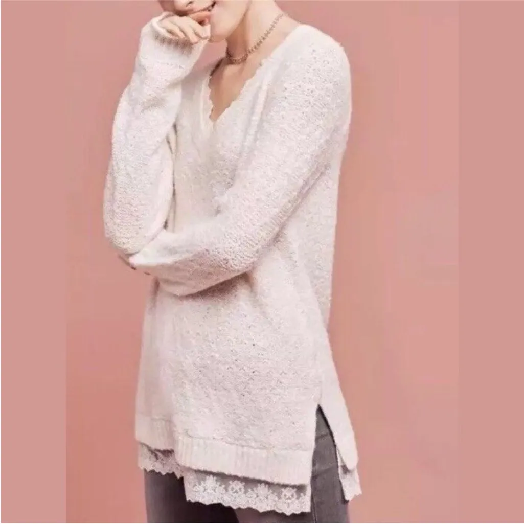 C Anthropologie Knitted & Knotted Cream Lace Bottom Hem Women’s Sweater XS - Image 3