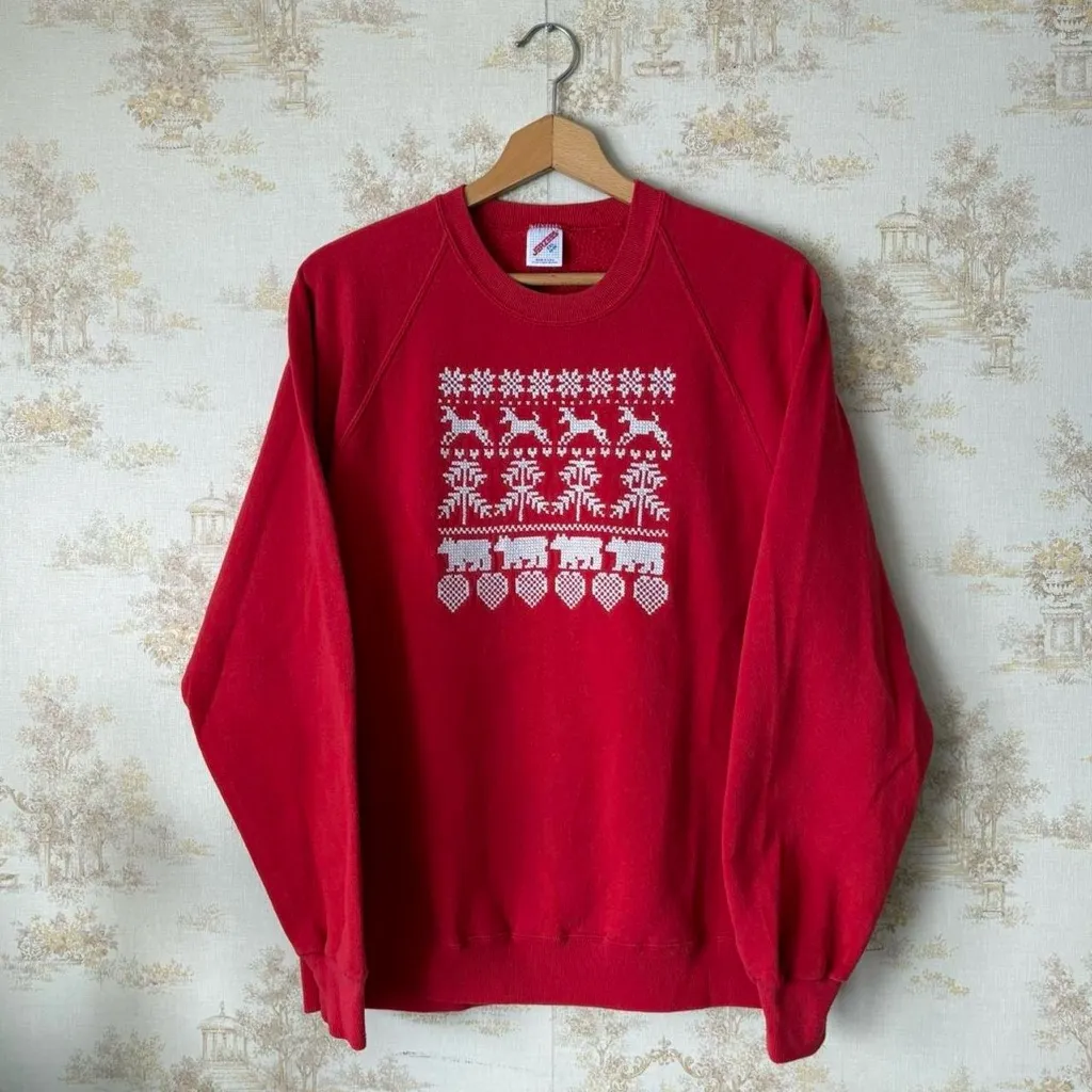 Vintage 80s 90s red reindeer bear Christmas cross stitch granny crewneck sweater Size XXL - Image 2