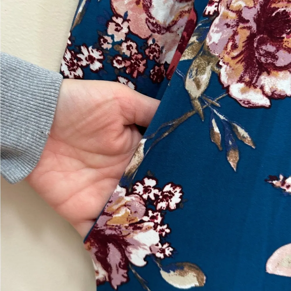 Teal Floral Maxi Dress, long sleeves, scoop neck can be worn off the shoulders Blue - Image 5