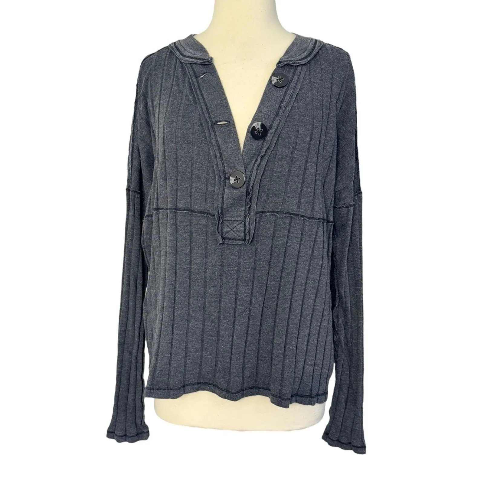 WE THE FREE PEOPLE In The Mix Henley Top Boxy Oversized Ribbed Slouchy Size M - Image 4