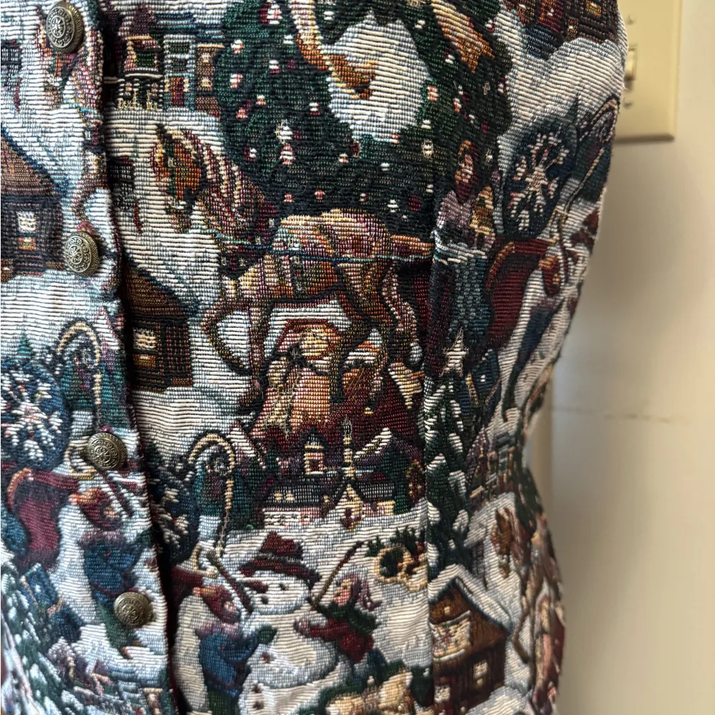 Vintage Christmas Tapestry Vest Winter Scene XL 90s Red - Image 7