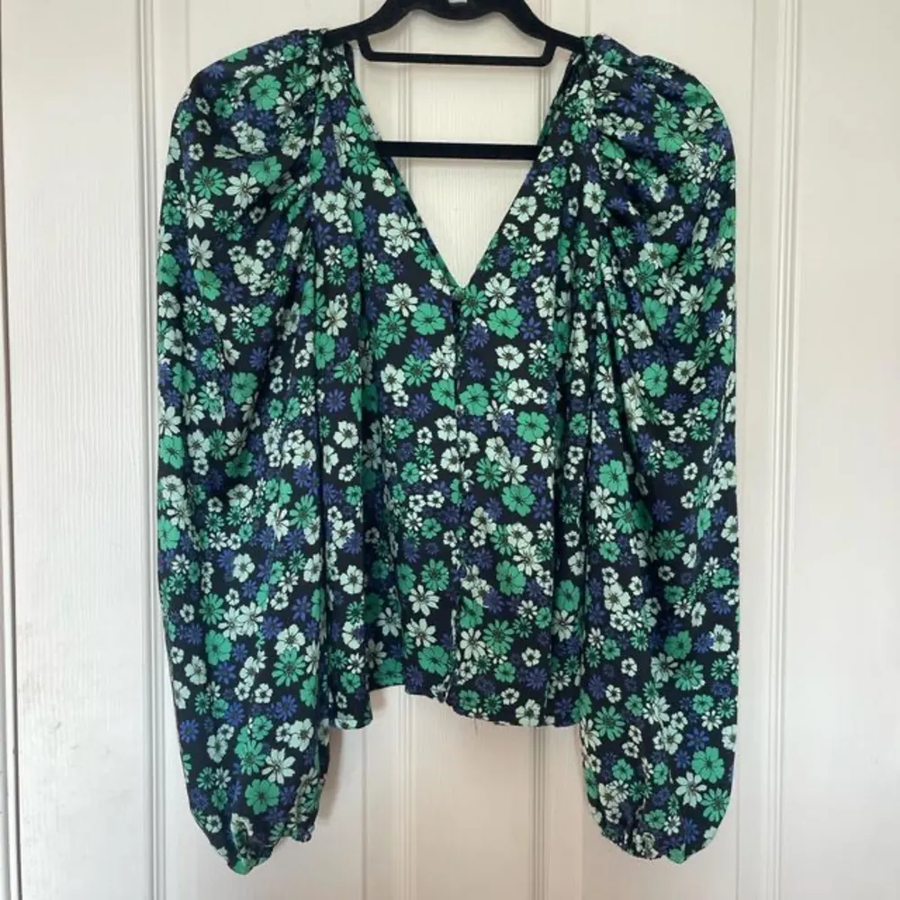 Topshop - Floral Puff Sleeve Blouse - Green and Blue size 2 - Image 14