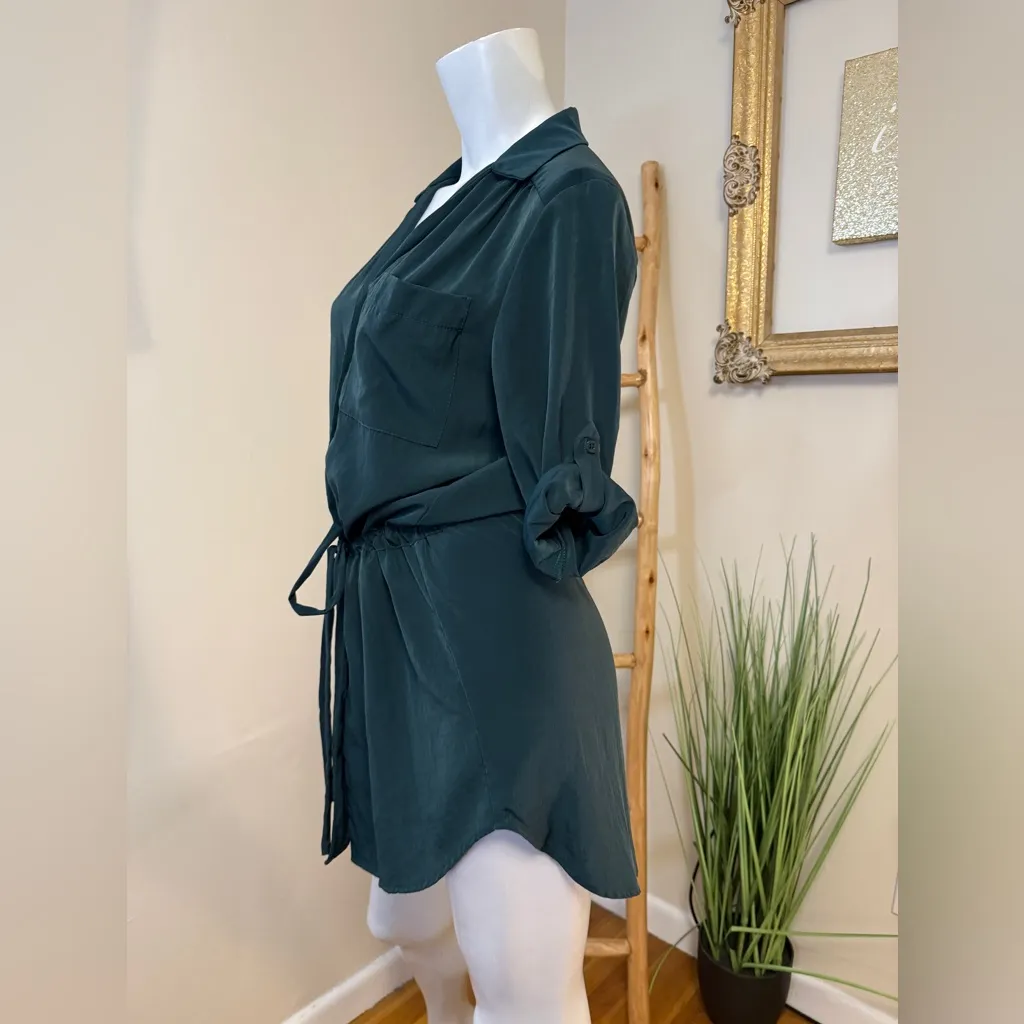 Glam Shirt Dress Button Front Short Roll Tab Sleeve Pocket Tie Waist small Green - Image 5