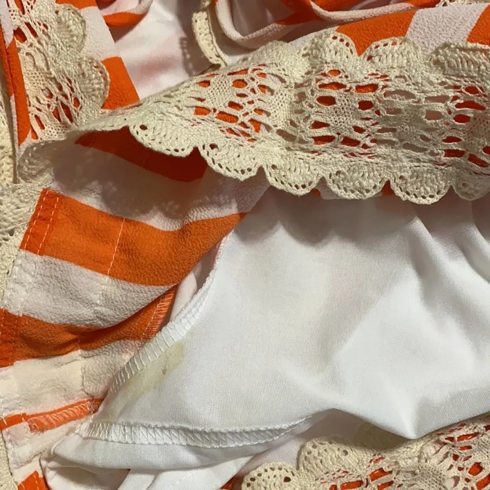 ILLA ILLA med crochet romper orange striped v-neck boho shorts lace detail NWT - Image 6