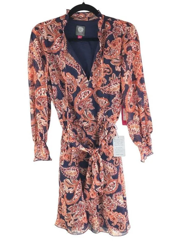 Vince Camuto Womens Long Sleeve Printed Ruffle Neck Dress Red Navy Blue 10 - Image 2