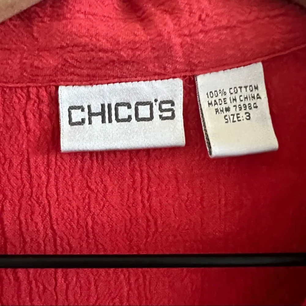 Chico's Crinkle Cotton Button Front Collar Top Modest Mature Red Orange XL - Image 3