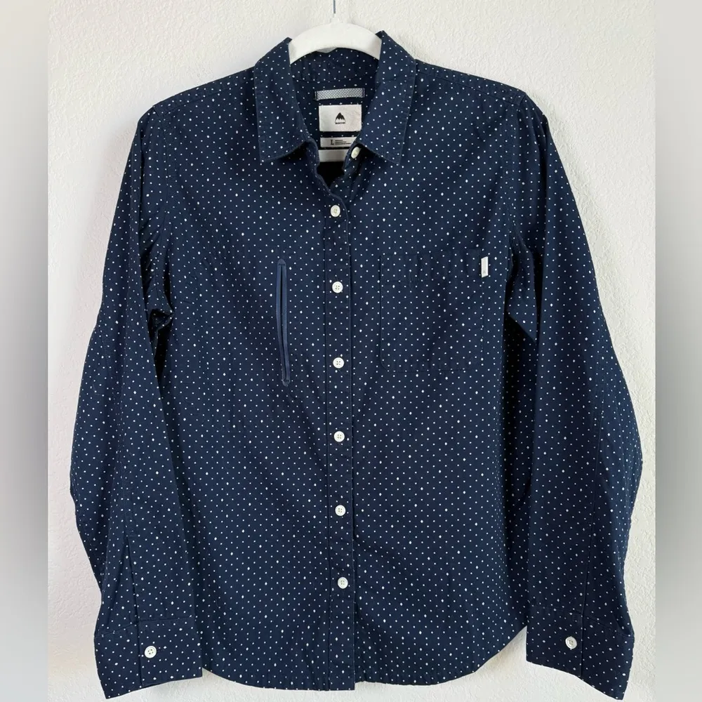 Burton Women’s Polka Dots Navy Blue White Long Sleeve Button Up Top Size Large - Image 9