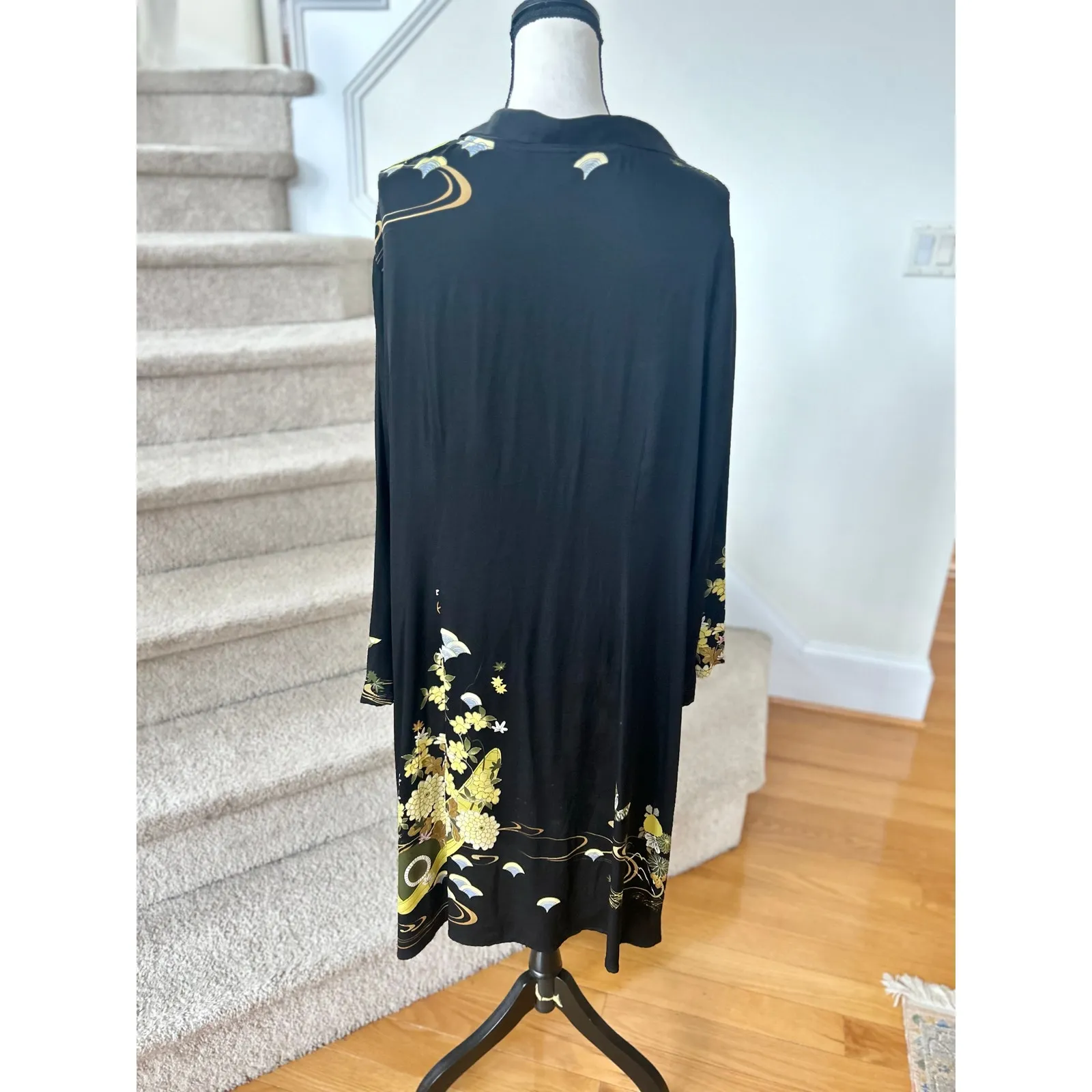 Citron Santa Monica Black Yellow Silk Chinoiserie Floral Print Long Line Jacket Size 2X - Image 3