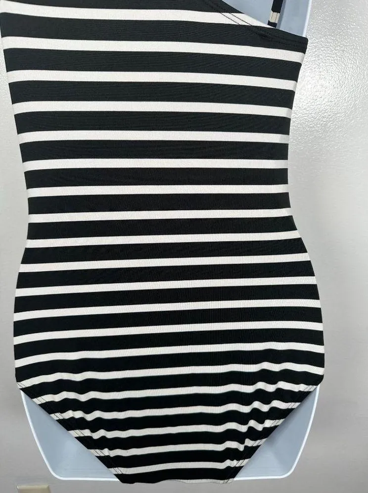 Michael Kors Swimsuit Womens Size 8 One Piece Striped Black White One Shoulder - Image 6