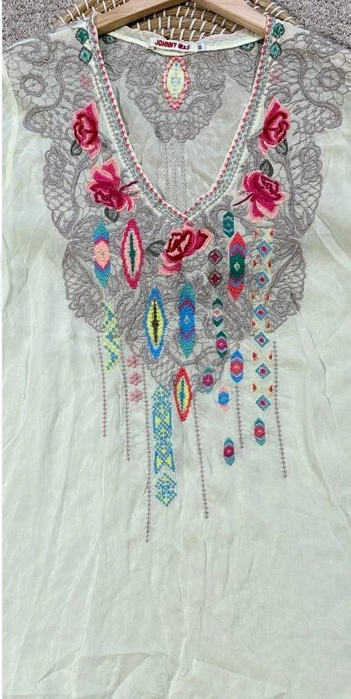 Johnny Was Women’s Floral Embroidered V-Neck Blouse Top Sheer in Mint Green 1X - Image 2