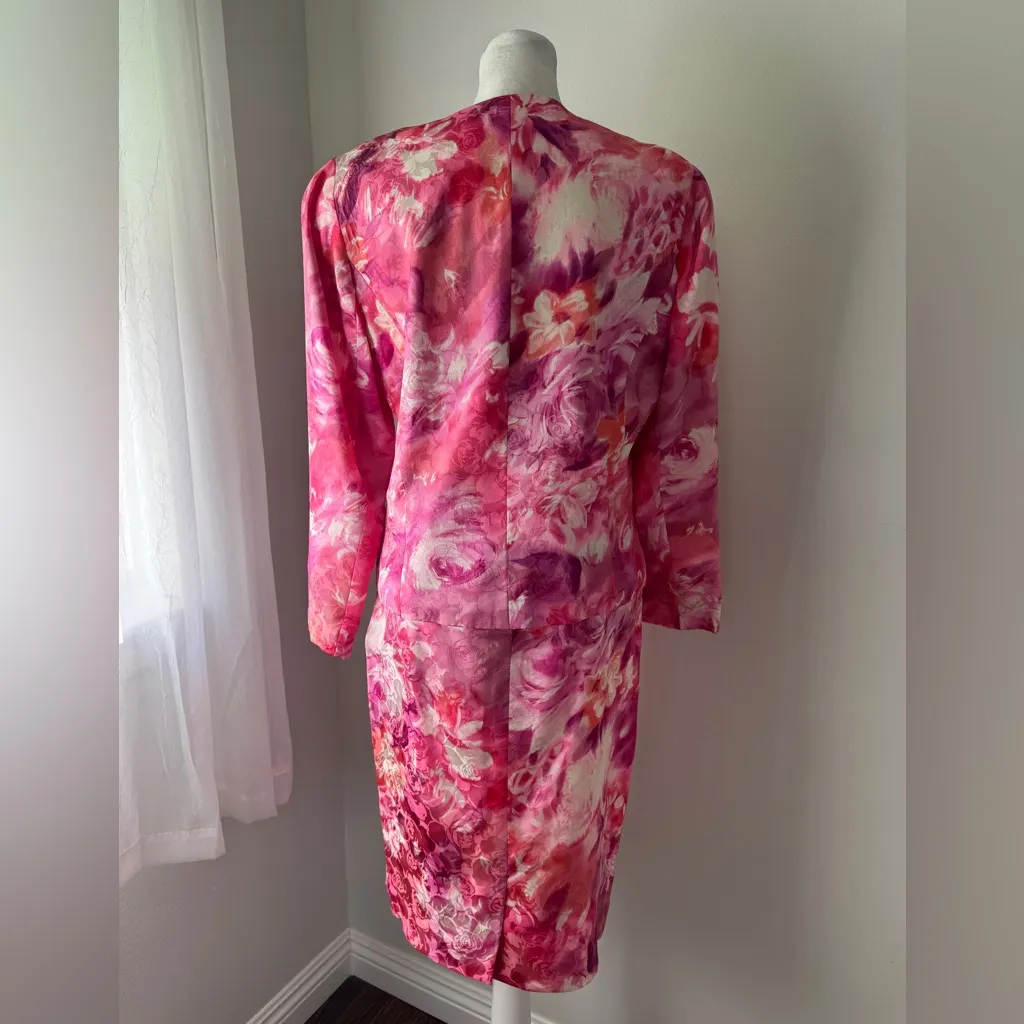 Vintage ‘90s Anne Crimmins for Umi Collections 100% Silk Floral Print Skirt Suit Pink Size 8 - Image 6