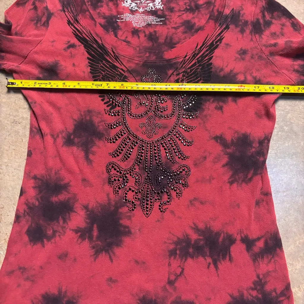 Christina V Womens Red Black Edgy Grunge Y2K Mallgoth Bedazzled Shirt Size XL - Image 5