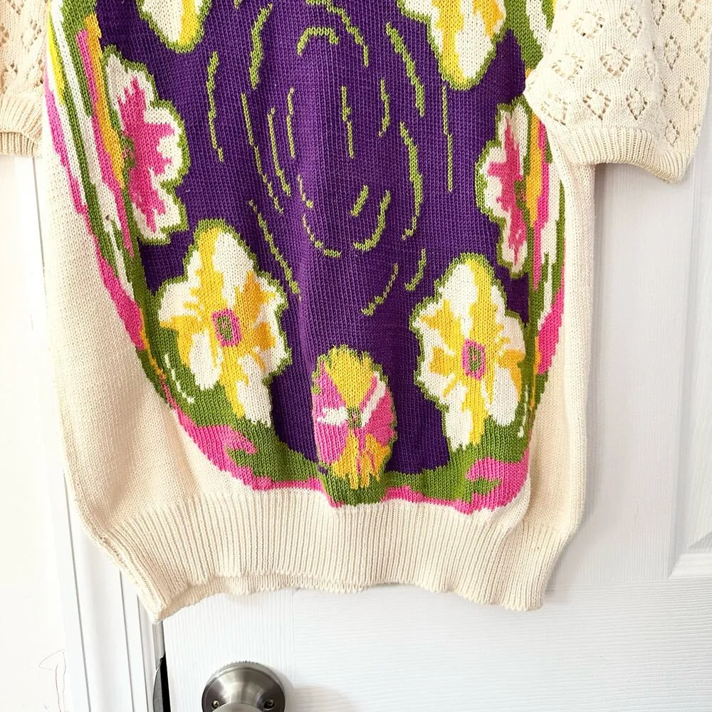 Vintage Hand Knit Square Neck Pointelle Puff Sleeve Floral Print Sweater Large - Image 5